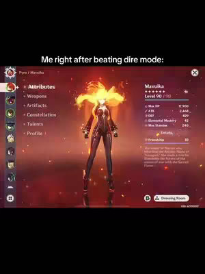 A vertical screenshot from a video game with a female character, glowing with fire effects, displayed on a character stats screen; the game has a red and gold color scheme with text overlays describing the scene.