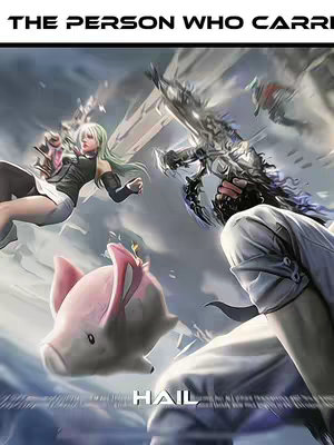 An illustration depicting a dynamic, fantasy-themed scene. A female figure with green hair is mid-air, wielding a glowing weapon. A large, mechanical hand with a complex weapon reaches towards the scene. Towards the bottom, a pink pig-like creature floats upwards. The overall composition has a sense of action with a blurred background.