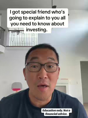 A man with glasses speaks into a camera. Text overlays appear, promising to explain investing.