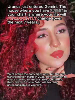 A close-up shot of a woman with fair skin and curly red hair, the image is overlayed with white text providing astrological predictions. The woman is gazing towards the camera, her expression is soft, red lipstick accentuates her lips, and her skin appears smooth with light makeup. The background is blurred, emphasizing the woman's face and the text overlay. The overall feel is informative and mystical, likely aimed at astrology enthusiasts.