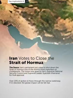 The image is a vertical graphic divided into two main parts. The top portion features a stylized, detailed map likely depicting the Middle East, with areas colored in shades of green, brown, and blue to represent land and water bodies. The bottom half contains text against a light neutral background. The text presents the topic: Iran Votes to Close the Strait of Hormuz. Beneath this title are further details about the event, including a 'The Source' section summarizing the news and explaining potential global impacts. The graphic design is clean, with a mix of map illustration and text layout conveying information in a news-oriented format.