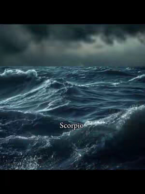 A digital artwork showing a vast, stormy ocean under a dark, cloud-filled sky. The waves are turbulent, creating a sense of movement and power. In the center, the word "Scorpio" is displayed in a simple white font.