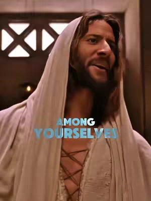 The cover image features a medium shot of a man, presumably Jesus Christ, wearing a draped white garment and a hood. His expression is one of gentle intensity, and his gaze is directed slightly off-camera. The background is softly lit with architectural elements visible, suggesting an interior or outdoor setting. Overlayed in the center of the image is the text "AMONG YOURSELVES" in a clear, readable font.