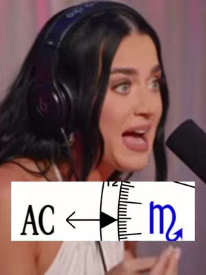 A woman with black hair wearing headphones is on the right side of the frame with an open mouth looking shocked, in the bottom center is a white sign with the letters AC, an arrow facing right, and the astrology symbol for Scorpio in blue on the right.