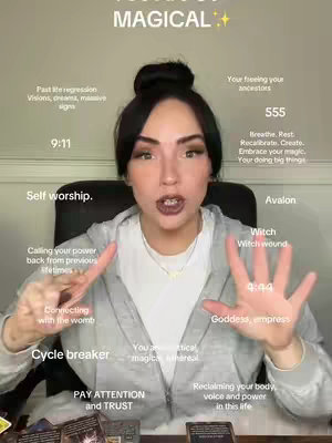 The cover image features a woman with dark hair pulled back in a bun. Text overlays appear around her, including phrases and numbers. She is centered, looking directly at the camera.