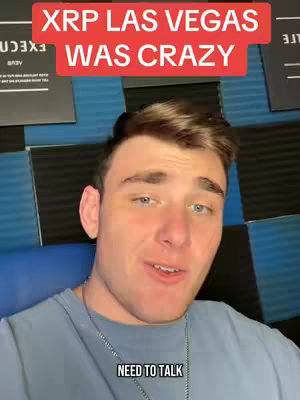 A man with short brown hair and blue eyes looks at the camera and speaks. The background features a mix of blue and black squares. A red banner at the top says 'XRP LAS VEGAS WAS CRAZY,' and another banner at the bottom says 'NEED TO TALK'.