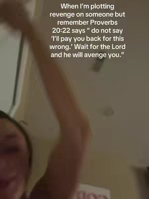 A low-angle shot features a person's arm stretched upwards towards the top left corner, with portions of the face partially visible. The background is blurry with a textual overlay about plotting revenge and referencing Proverbs 20:22.