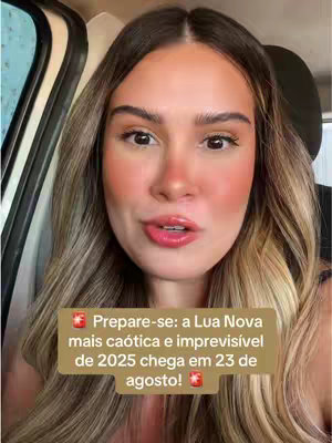 The image shows a woman in a selfie-style shot, likely filmed inside a vehicle. She is looking slightly up at the camera, smiling, and appears to be in a conversation. Overlayed on the image is a text box containing astrological information.