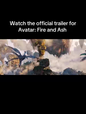 The cover image is a vertical frame with a black background. At the top center is a title that reads "Watch the official trailer for Avatar: Fire and Ash" in white text. Below, a captivating scene from the film unfolds: a dragon-like creature soars above a terrain of floating islands and mist. The scene uses a cool-toned color scheme, mainly blues and greens.