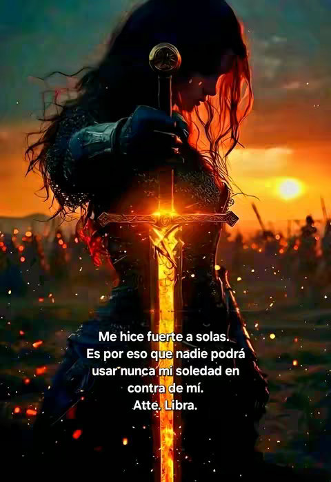 An artistic image with a female figure silhouetted against a sunset backdrop, wearing armor and holding a glowing sword. Battles are taking place in the background, with the focus on the central figure and the sword. Text is overlaid.