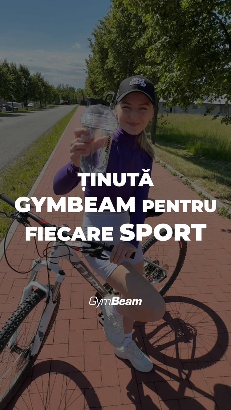 A young woman in athletic wear and a cap is holding a water bottle, standing next to a bicycle. The background includes a road, trees, and a sunny sky. Text is overlaid on the image, promoting fitness apparel.