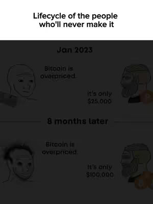 The image is a meme divided into two rows, each showing a progression of thoughts regarding Bitcoin prices. The top row, labeled 'Jan 2023,' presents two side-by-side figures: to the left, a sad-faced character, representative of the 'woe' meme, and on the right a more animated individual, a crypto-enthusiast. The text above describes 'Bitcoin is overpriced' with the value of 'It's only $25,000.' The bottom row, labeled '8 months later,' shows similar characters with the same theme, the sad character still thinking bitcoin is overpriced but with the price now at $100,000