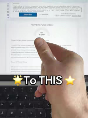 The cover image shows a person's hand pointing down at a laptop screen displaying test results from an AI detector. The words "To THIS" are overlaid on the bottom of the image with star emojis on either side.