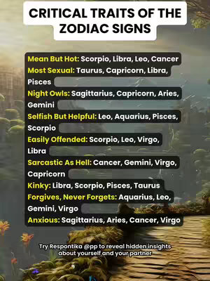 The image shows a graphic with a fantasy background and a list of zodiac signs and their traits. The top of the image has the words 'CRITICAL TRAITS OF THE ZODIAC SIGNS' in white letters on a black background. Underneath, the image has a list with traits like "Mean But Hot," "Most Sexual," "Night Owls," etc. The signs are listed with each trait. White text at the bottom advises viewers to reveal hidden insights.
