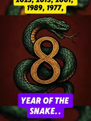 The image features a stylized representation of a snake coiled around a large number eight. The background is a dark maroon color, and text overlays are present, including years associated with the Snake zodiac sign and the phrase "YEAR OF THE SNAKE" in a vibrant purple box at the bottom.