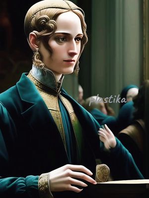 A digitally painted portrait of a person from the waist up, likely an AI-generated image. The individual, with fair skin and a delicate profile, has light-brown, loosely-styled hair that is swept back. A headpiece is situated on their hair. They are wearing an elaborate teal-colored jacket over a matching gown and a gold-trimmed garment. The overall lighting is soft and the background suggests an antique art gallery or museum environment.