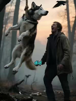 The image is a digitally manipulated scene depicting a dog suspended from a noose against a blurred, dusky forest backdrop. A man with a shocked expression is in the foreground, with the word "did" in turquoise text near the bottom. A bird is flying in the upper right, complementing a somber, almost apocalyptic setting.
