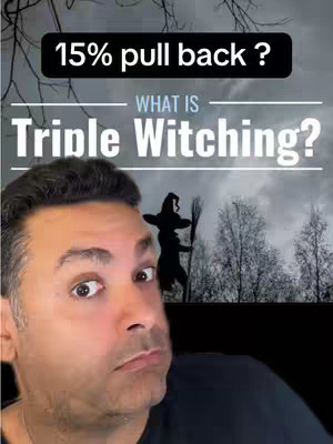 The cover image features a man with a questioning expression in the bottom half of the frame. Above him is text overlayed on a background that appears to be a night sky with a witch silhouetted carrying her broom. The words "WHAT IS" are above the text "Triple Witching?"