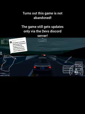 The cover image shows gameplay from a racing game. Text overlays state, "Turns out this game is not abandoned! The game still gets updates only via the Devs discord server!" to the top half. A pop-up screenshot from the comment section shows the game is still being developped, but getting updates in discords, and is in the center of the image. The lower half is the game itself and in the lower right the speedometer that reads 63 mph. The background is dark. The perspective mimics a first-person view of driving the car.