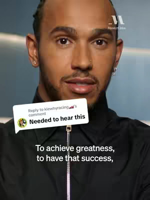 The cover image features a close-up shot of Lewis Hamilton's face, the background has a gradient effect from blue to teal. Overlay text bubbles at the top and bottom of the image.