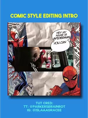A collage-style cover image with a blue background. The main focus is on scenes featuring Spiderman in various comic-book styles. The text overlay reads 'COMIC STYLE EDITING INTRO' at the top, while other text is shown in a speech bubble, and credits at the bottom.