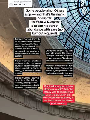 The image is a screenshot from a video, featuring text against a light-toned background possibly representing a building's interior. Overhead, a section of a large, ornate circular stained-glass window is visible. The text is formatted in a readable layout, with blocks of information bordered on a light background. Text overlays describe '5 Jupiter placements' and the benefits of each.