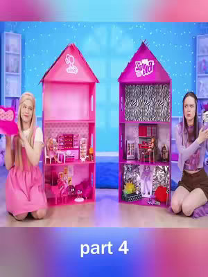 The cover image shows a split scene. Two women are seated on a floor with their backs against a blue wall adorned with stars. In front of each woman are tall, pink dollhouses. The house on the left is decorated in Barbie style, while the one on the right is Bratz themed. The woman on the left holds a pink heart-shaped purse. The woman on the right holds a silver object. Below, the text "part 4" is displayed.