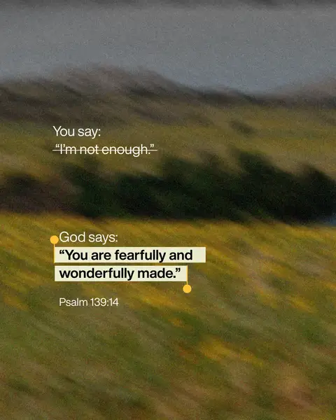 An abstract image with blurred green and gray tones suggesting a landscape, overlaid with text. The layout features a quote divided into two parts, with a contrast between the speaker's inner thoughts and God's response. The overall design is simple yet visually clean.