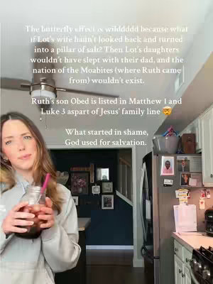 A woman in a grey hoodie holds a glass with a straw with a kitchen in the background. Text overlaid in white describes a biblical thought experiment.