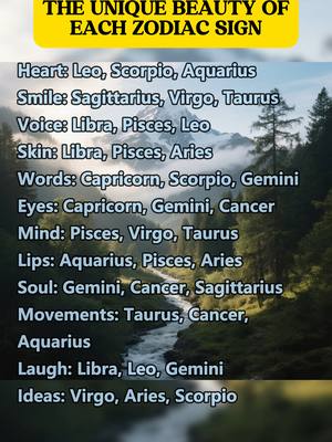 The image is a graphic with text overlayed on a scenic background. The background shows foggy mountains, trees and a river. The main text, in a yellow rectangle, reads: 'THE UNIQUE BEAUTY OF EACH ZODIAC SIGN'. Below this are lists, detailing which zodiac sign relates to various characteristics like 'Heart', 'Smile', 'Voice', etc. The text uses a clean, easy-to-read font.