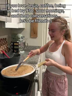 A woman is standing in a kitchen, cooking and smiling. Text overlays on image.