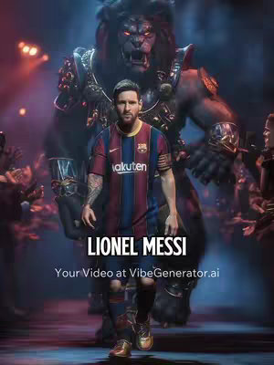 The image showcases Lionel Messi standing in front. He's wearing a Barcelona jersey. Behind him is a large lion-like figure. The background is a crowded, dimly lit arena. The text 'Lionel Messi' is displayed in large, bold letters.