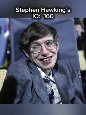 The cover image shows a close-up portrait of Stephen Hawking smiling. He is wearing glasses, a blue blazer, and a patterned tie. A text overlay reads 'Stephen Hawking's IQ: 160'. The background is blurred.