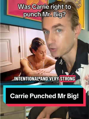 The cover image shows a man in front of a TV screen. The screen displays a scene from 'Sex and the City' featuring Carrie Bradshaw. Text overlays include questions and statements about a specific moment on the show. The man is centrally positioned, directly addressing the camera.