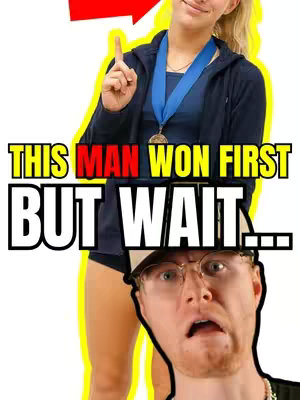 The image is a split visual, with a man looking shocked at the bottom. Above him is a person wearing a medal while pointing a finger. Text in yellow with a black outline.