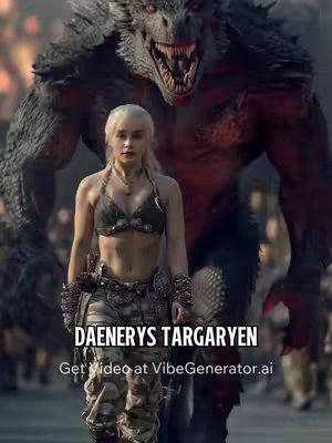 The image features Daenerys Targaryen from Game of Thrones, dressed in a warrior-like outfit, striding forward. Behind her stands a large, dragon-like creature. The scene is set in what appears to be a battle setting, with blurred figures suggesting a large crowd.