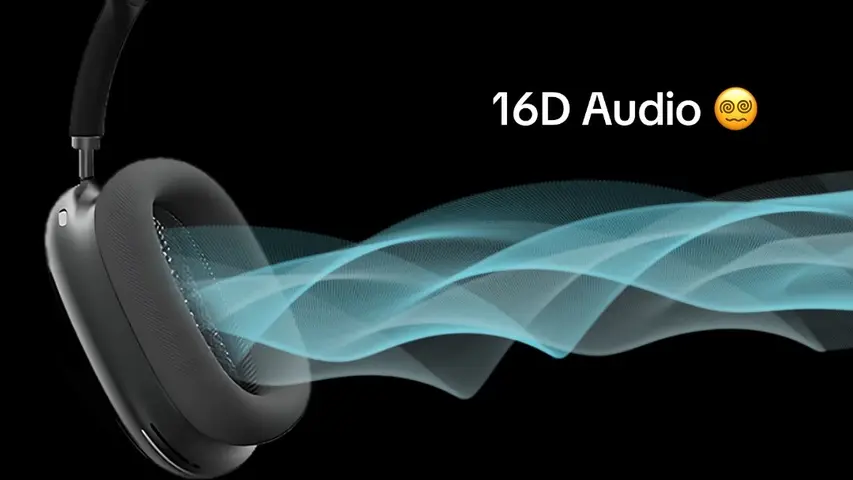 The image shows a set of headphones with a black background. The headphones are positioned slightly off-center to the left, angling from the top left towards the bottom right. Wavy, light blue lines emanate from the ear cup on the right, suggesting sound waves. Text in white says, "16D Audio" with a dizzy face emoji.