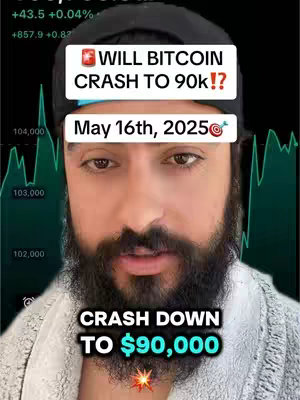 The cover image shows a man with a beard and a black cap in front of a dark background with a green chart. The text overlays include: 'WILL BITCOIN CRASH TO 90K!?' in a white rectangular box, 'May 16th, 2025' with a target emoji, and 'CRASH DOWN TO $90,000' with a star.