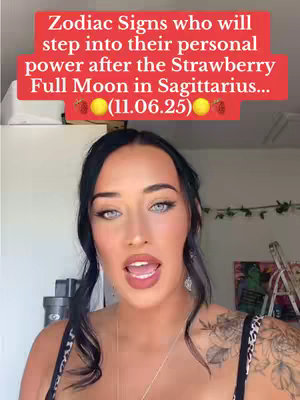 A woman with dark hair and bright blue eyes is centered in a selfie-style shot. She is speaking with her mouth open, and the background is slightly blurred, suggesting an interior setting. Over her head is a red banner with white text discussing full moon astrology themes, indicating a focus on cosmic events and personal growth.