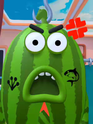 A close-up of a watermelon character with exaggerated features. It has large white eyes, black eyebrows, and an open mouth showing teeth. The watermelon has a green rind and a black tattoo of a shark. Above, a metal hook is attached to the watermelon's top, and a red anger symbol is present. The background is a blurred light blue, suggesting a sky.
