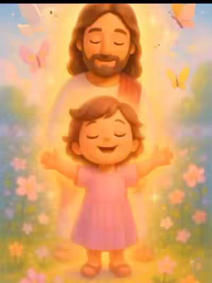 An illustrated image of Jesus with a young child. Jesus is depicted with long brown hair, a beard, and wearing a white robe, standing behind a young girl. The child has short brown hair and is wearing a pink dress with arms outstretched. A bright light emanates from around both figures with butterflies and flowers interspersed.