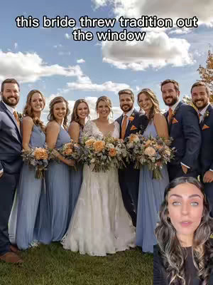 The cover image shows a group shot of a wedding party, with a bride and groom in the center, surrounded by bridesmaids and groomsmen on either side. The bride is wearing a white wedding dress with a long train, and the groom is wearing a dark suit with an orange tie. The bridesmaids are in blue dresses, and the groomsmen are in dark suits with orange ties. There is a woman's face in the bottom right corner of the image, her eyes gazing at the image.