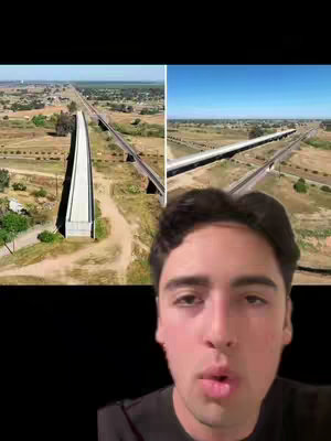 The cover image is split into three sections. The top left shows an aerial view of a long, elevated bridge-like structure extending into the distance across flat, green terrain with some trees. The top right has the same structure and terrain, but the sky is a clear blue. Below these, a man's face dominates the image, centered at the bottom. His face is angled slightly upward, and he has short, dark hair. His mouth is slightly open. The black background ensures all focus remains on the subject and surrounding elements.