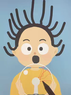 An illustrated image of a cartoon character with wide eyes and an open mouth, as if in surprise. The character has spiky black hair, a yellow shirt, and is holding a transparent bubble with a drawing tool pointing towards it. The background is plain light blue.