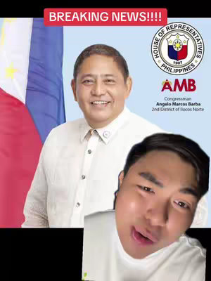 The image shows a split composition featuring two main elements. On the left, the top portion displays the Philippine flag, slightly angled, to the right of it is a picture of a man wearing a white shirt, this appears to be a politician or political figure. In the bottom/right corner, a young man looking to the right is seen, as if he's reacting to something off-camera.