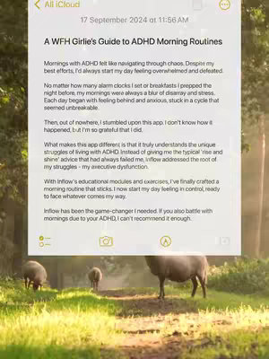 The cover image shows a screenshot of a WFH Girlie's guide to ADHD Morning Routines on a phone display. The screen shows lines of text against a background of a blurry green backdrop with sheep grazing or walking.