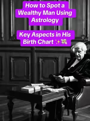 A black and white photo features a man in a dark suit seated in a chair with a table in front of him. Text overlays in a bright purple box highlight the video's astrological theme. The setting appears to be a luxurious room, with intricate wall paneling.