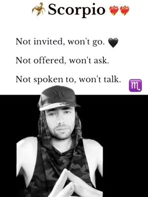 The cover image shows a man in front of a black background. The image is predominantly black and white except for the Scorpio symbol and some hearts in the upper left. Text overlays are present, providing information on Scorpio characteristics. The man has a serious expression and is wearing a cap.