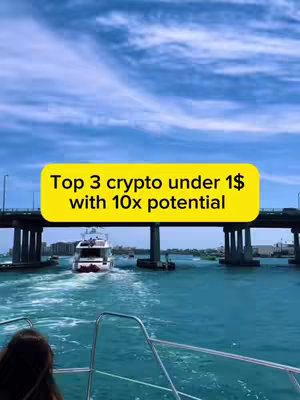 A video cover image featuring a boat sailing on water with a bridge in the background. A yellow rectangular text overlay reads 'Top 3 crypto under $1 with 10x potential.'