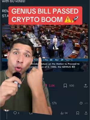 A man in a green shirt is speaking into a microphone, with a red banner overlay text that says 'GENIUS BILL PASSED, CRYPTO BOOM!